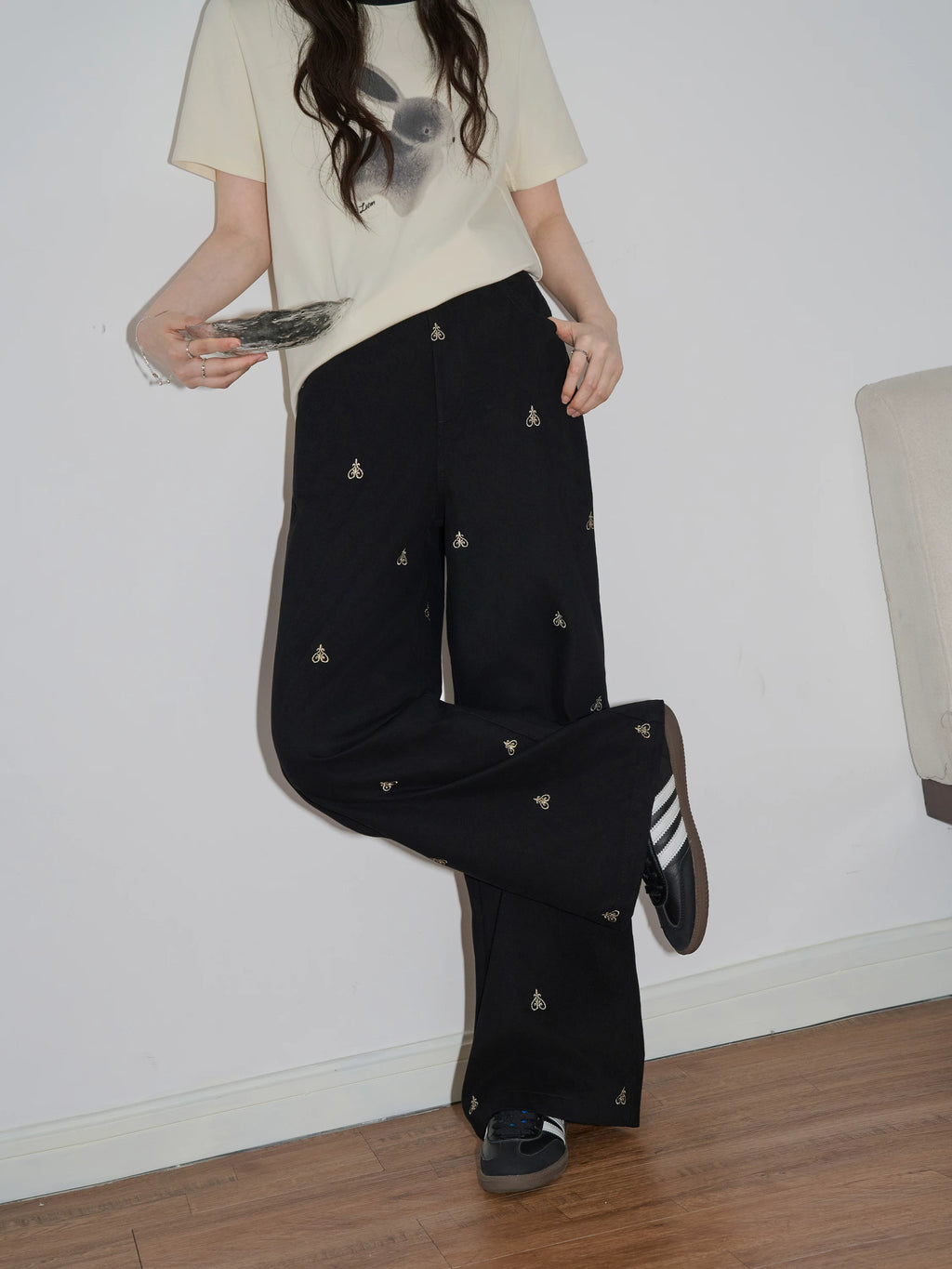 XUJING High-waisted Straight-leg Embroidered Slacks