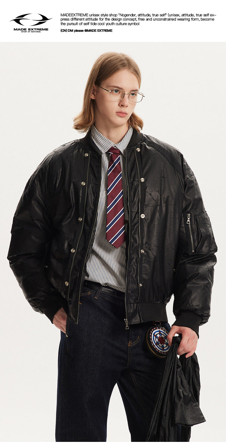 MADEEXTREME PU Crack Old Black Flying Suit Jacket