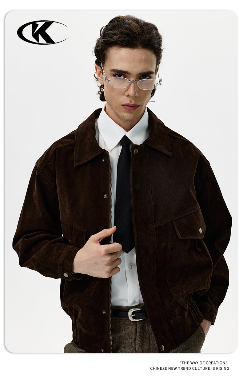 11KN Retro Loose Imitation Leather Fleece Lapel Jacket