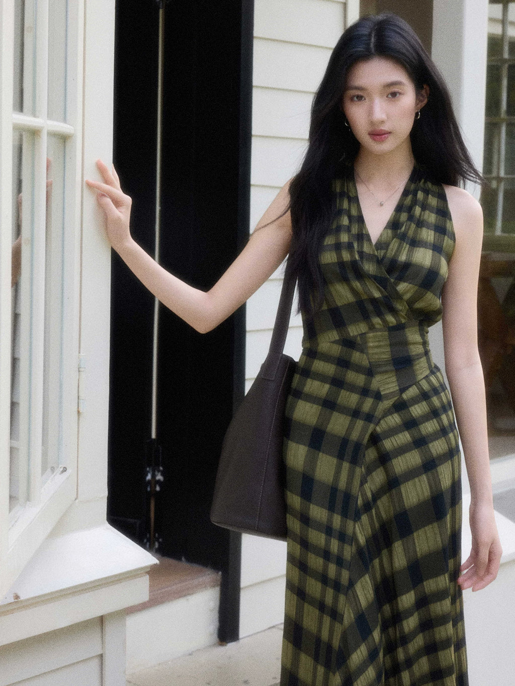 TYANG Retro V-neck Plaid Dress
