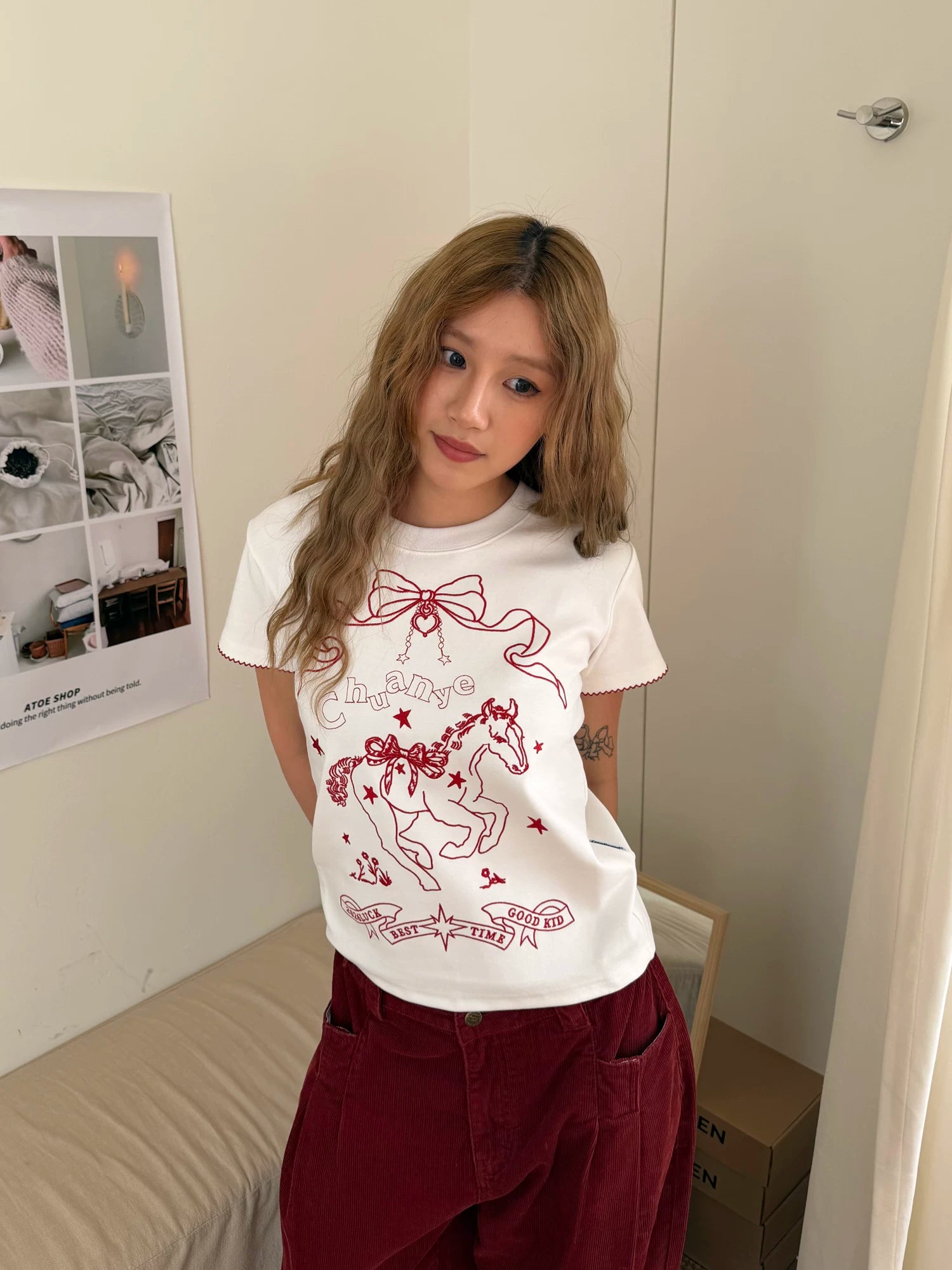 CCYE Embroidered Front Shoulder Lace Round Neck Tee