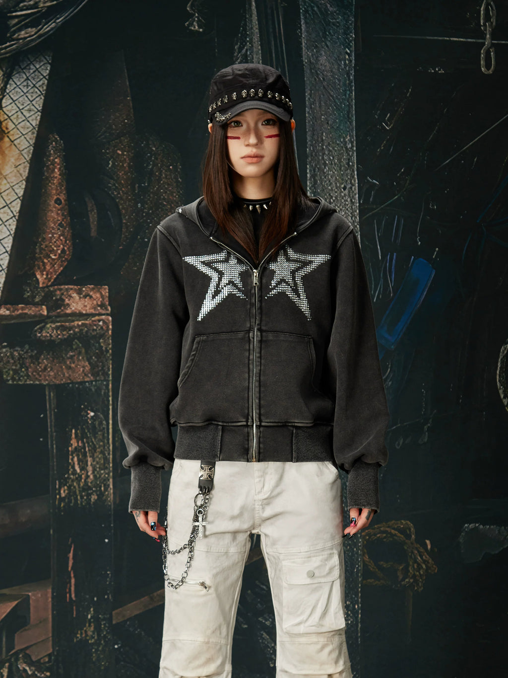 NOMANIAI Washed Hot Diamond Slim Fit Hooded Zipper Jacket