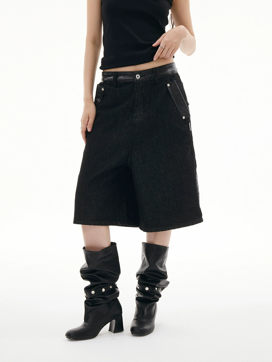 FUNKYFUN Splicing Loose Wide Seven-Point Jeans