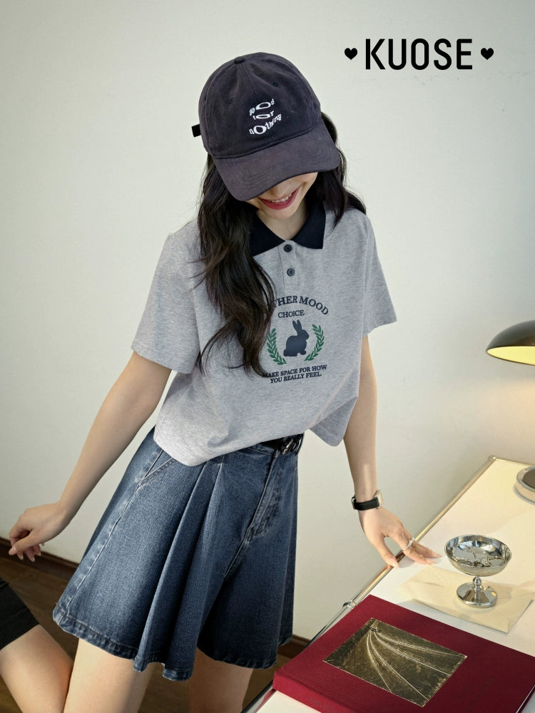 Kuose Rabbit Print Polo Collar Short Tee