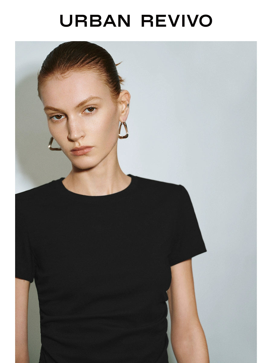URBAN REVIVO Slim Fold Waist Round Neck Tee