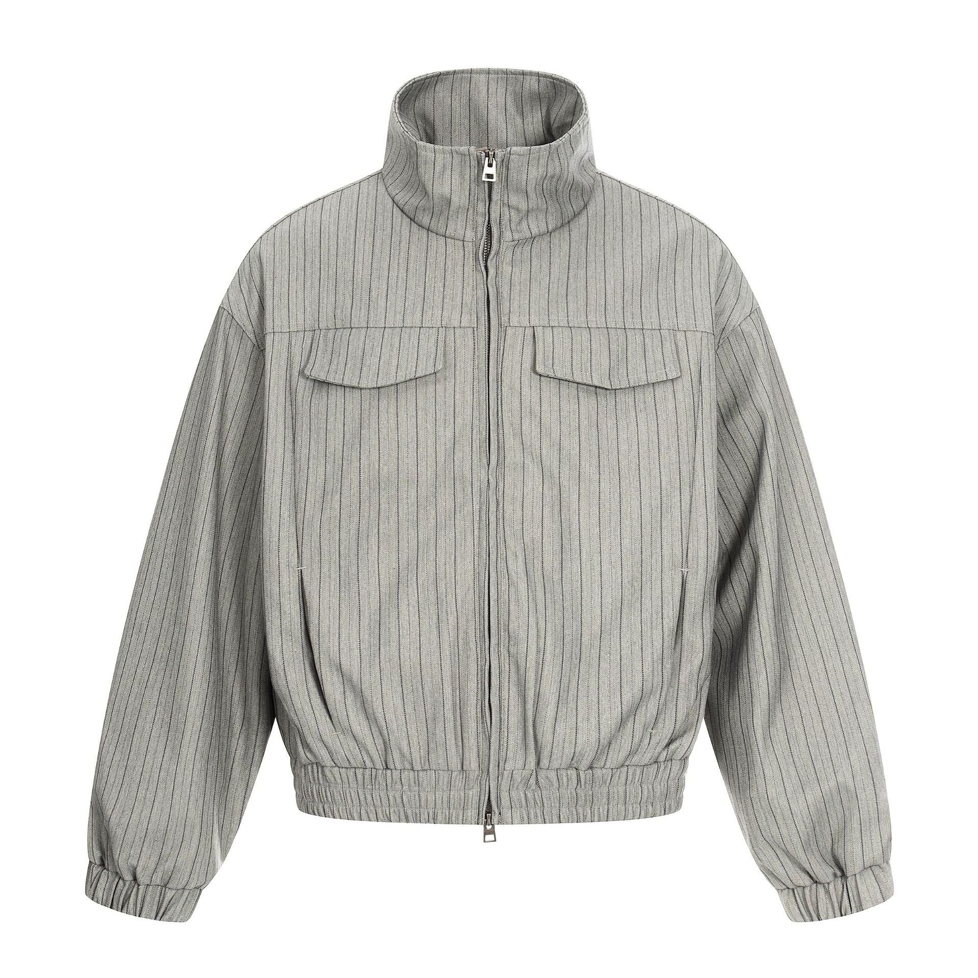 11KN Striped Casual Loose Stand-Up Neck Cardigan