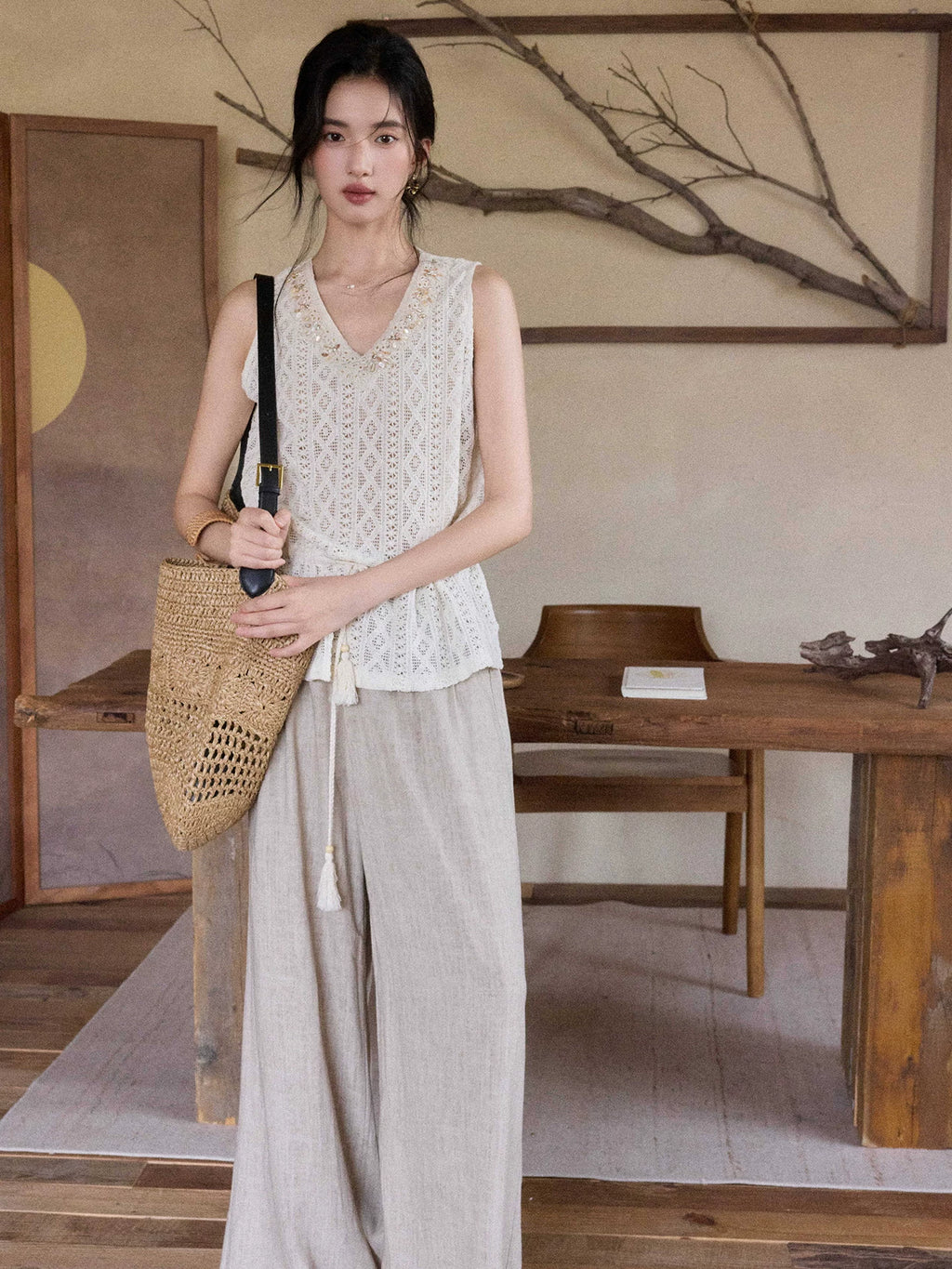 TYANG Bead Drawstring Top Hollow High Waist Skirt Set