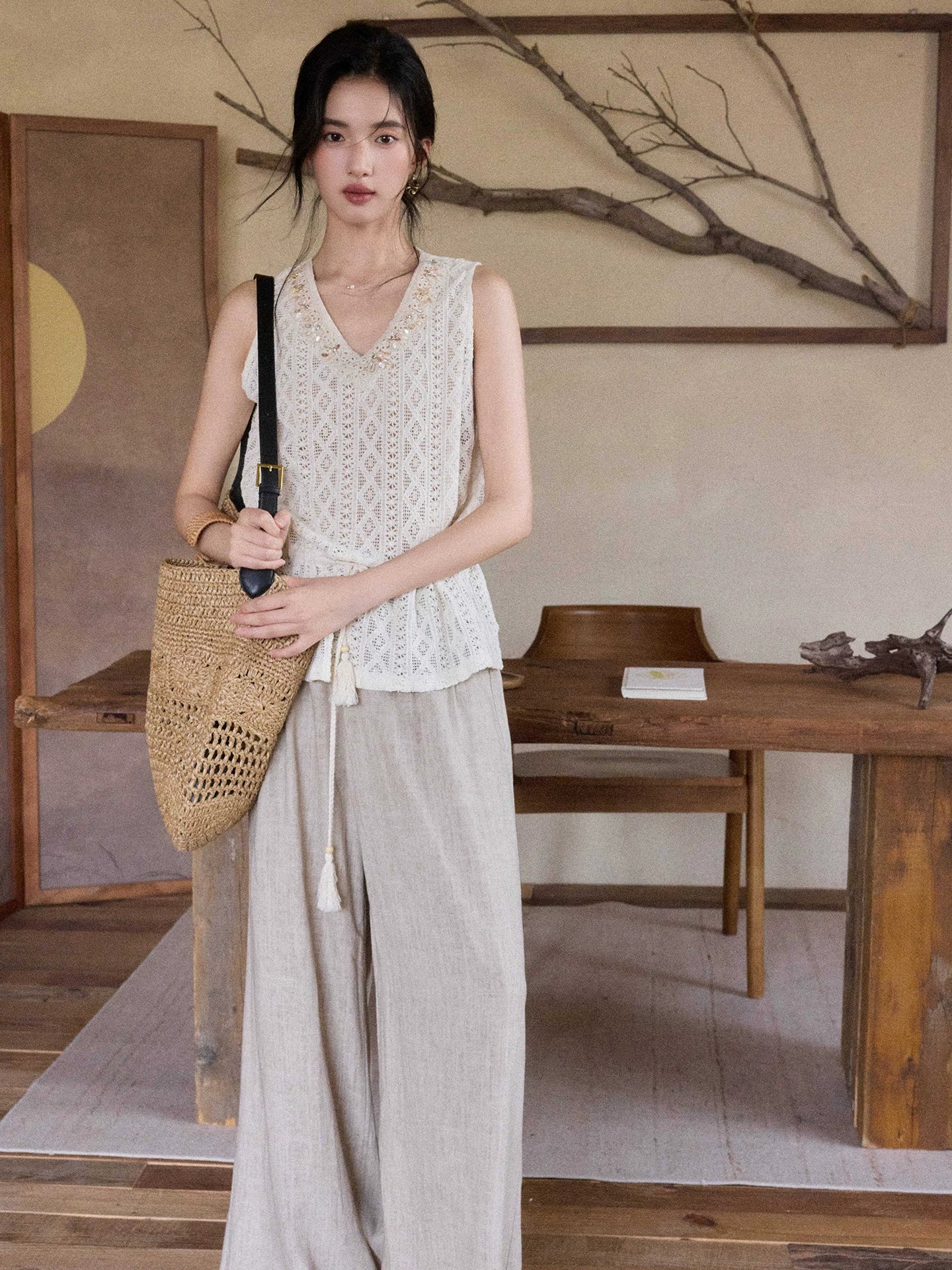 TYANG Bead Drawstring Top Hollow High Waist Skirt Set