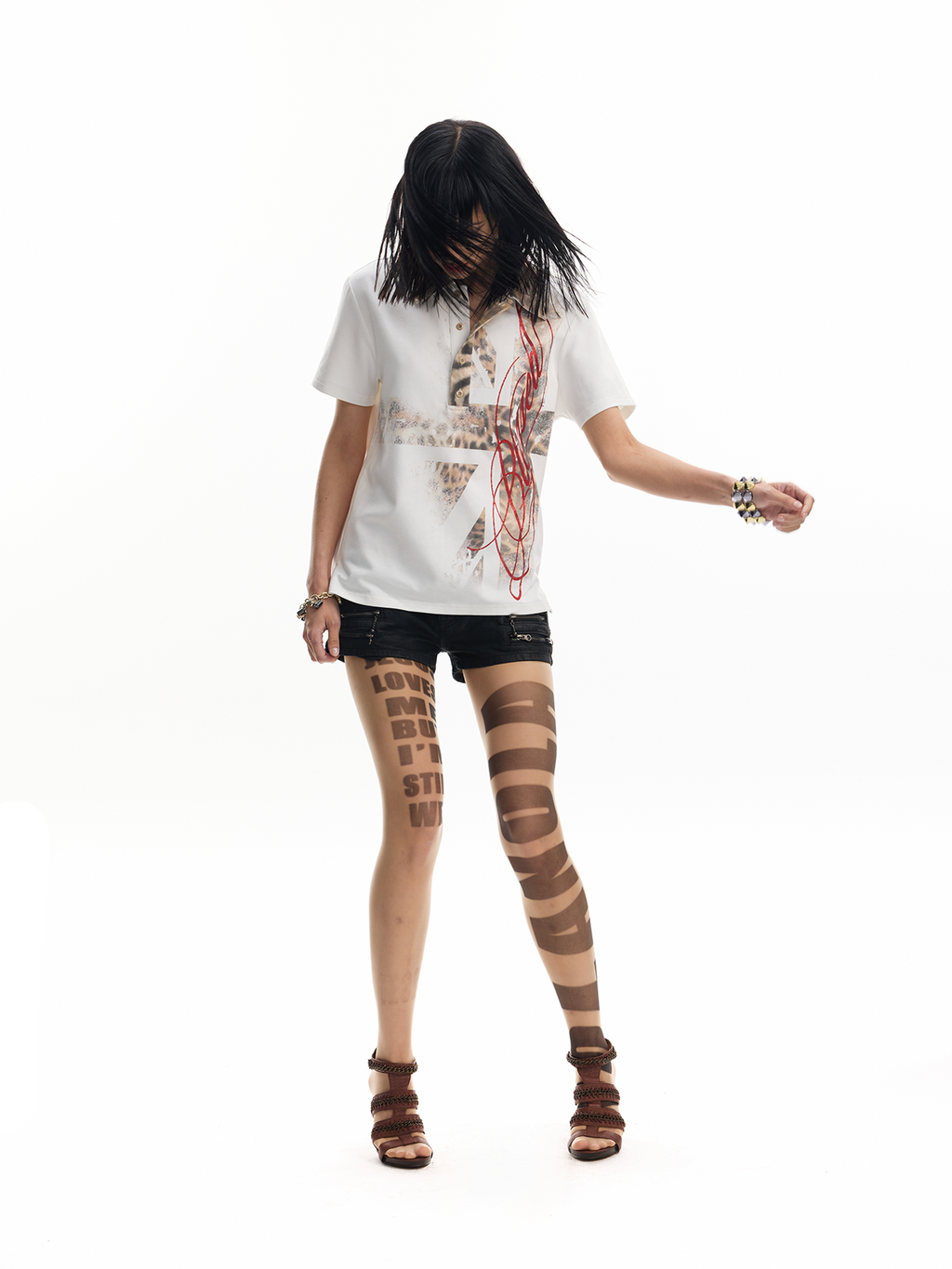 No E Mosen Flag Leopard Print Front Shoulder Tee