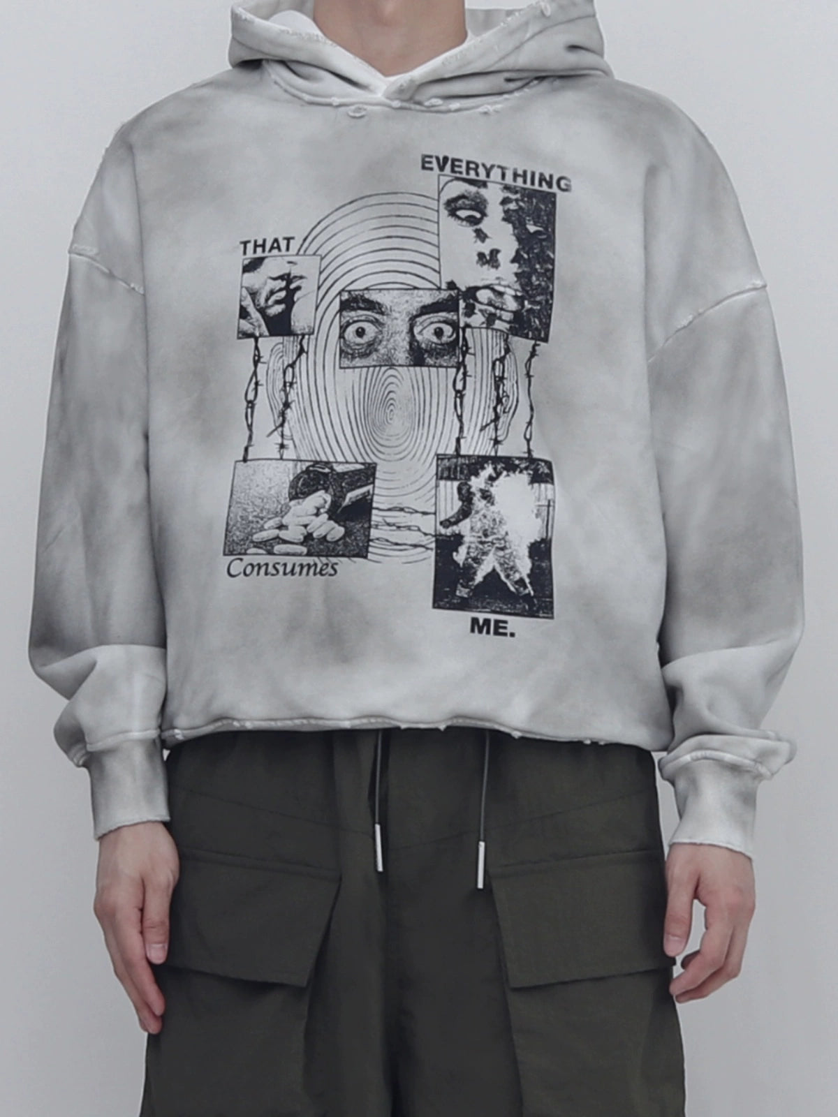 PERDU Dirty Dye Old Wash Water Damage Print Hooded Sweater