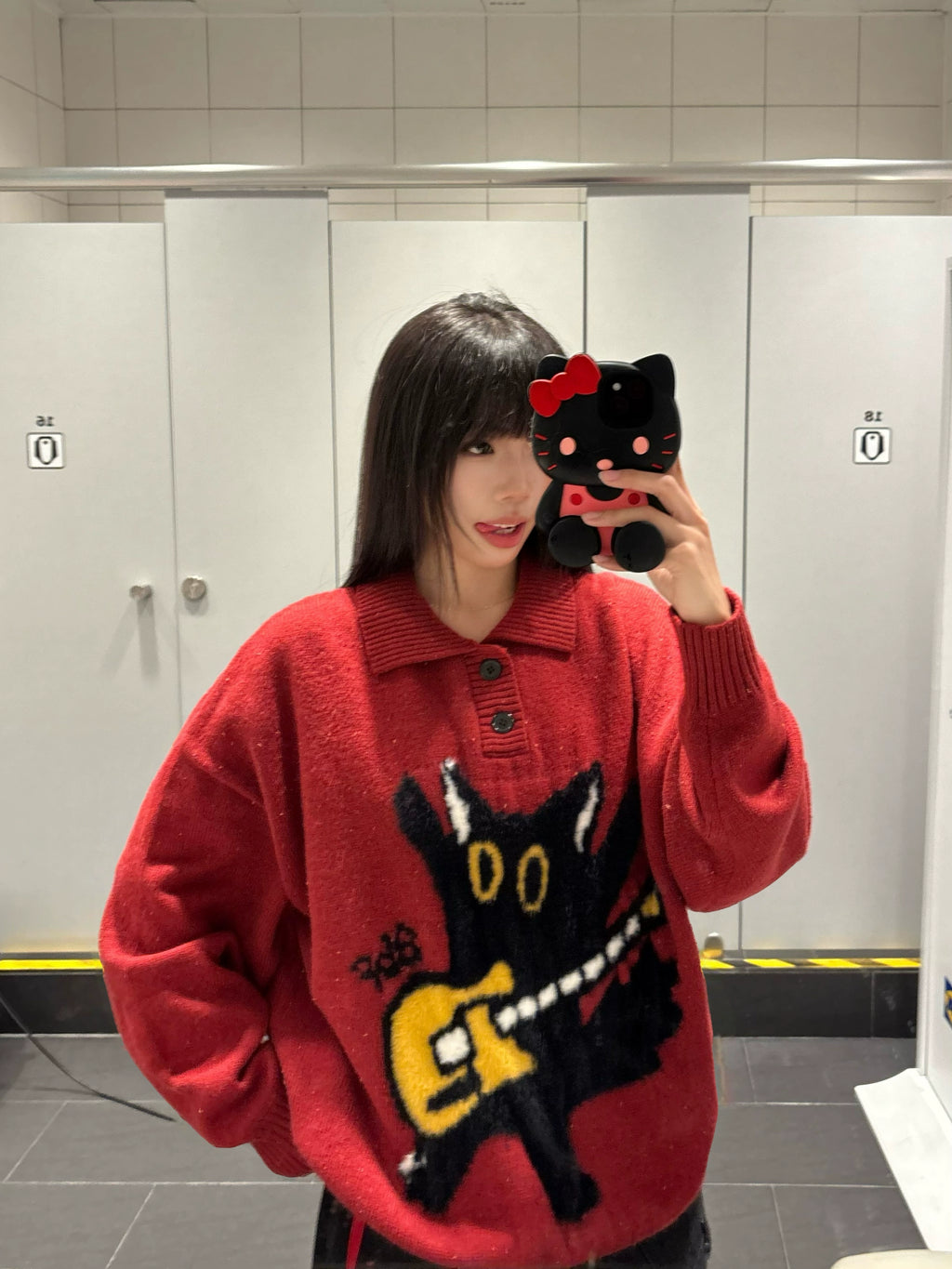 BF. BORFEND Vintage Fun Cat Jacquard Polo Collar Sweater