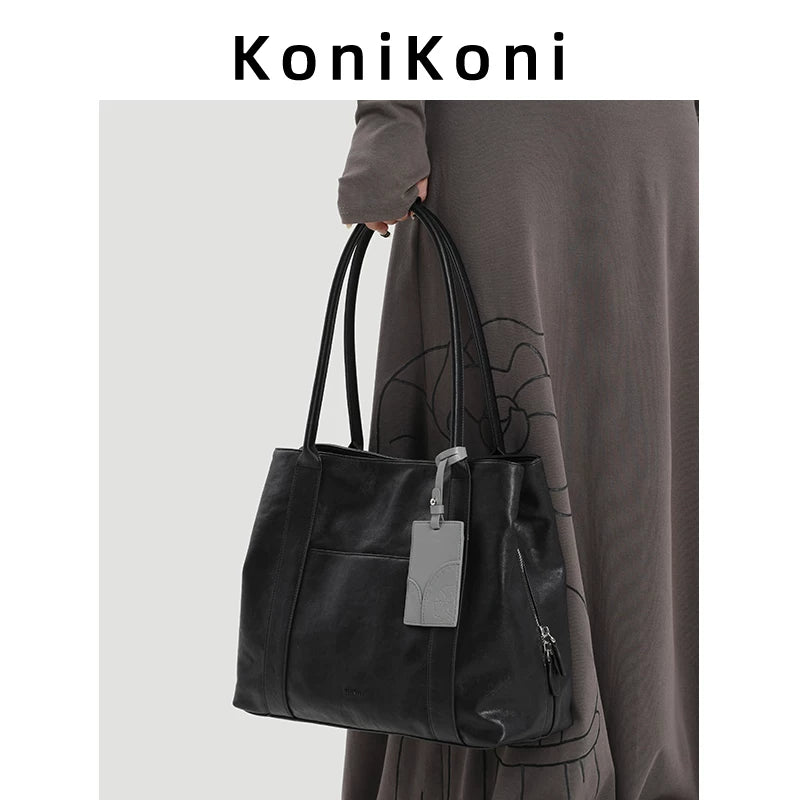 KoniKoni Leather Niche Large Capacity Shoulder Bag Underarm Bag
