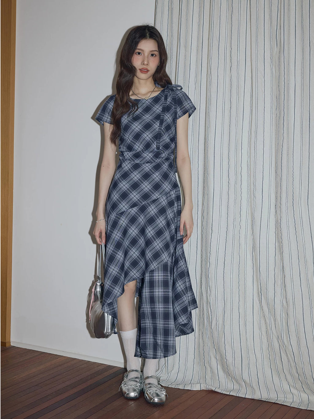 XUJING Retro Drape Irregular Plaid Dress