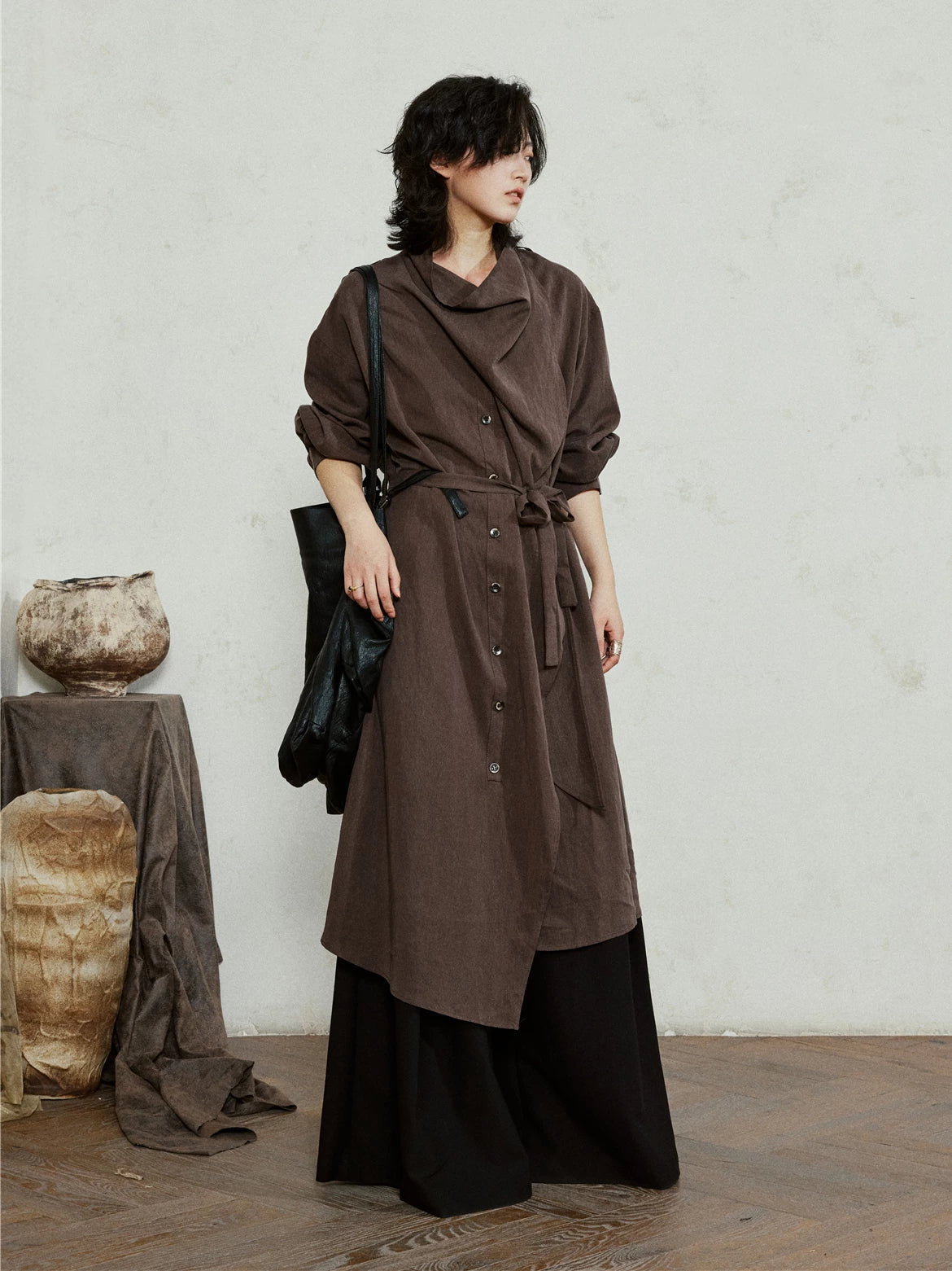SUNYVONNE Asymmetrical Large Lapel Long Belted Coat