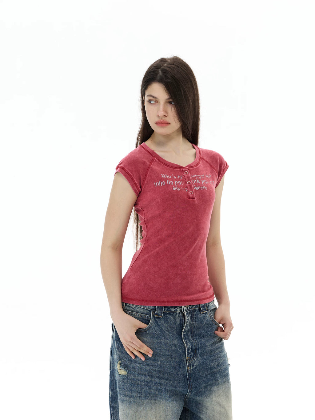 WLNEXT Premium Sense Slim Fit Henry Neck Front Shoulder Tee