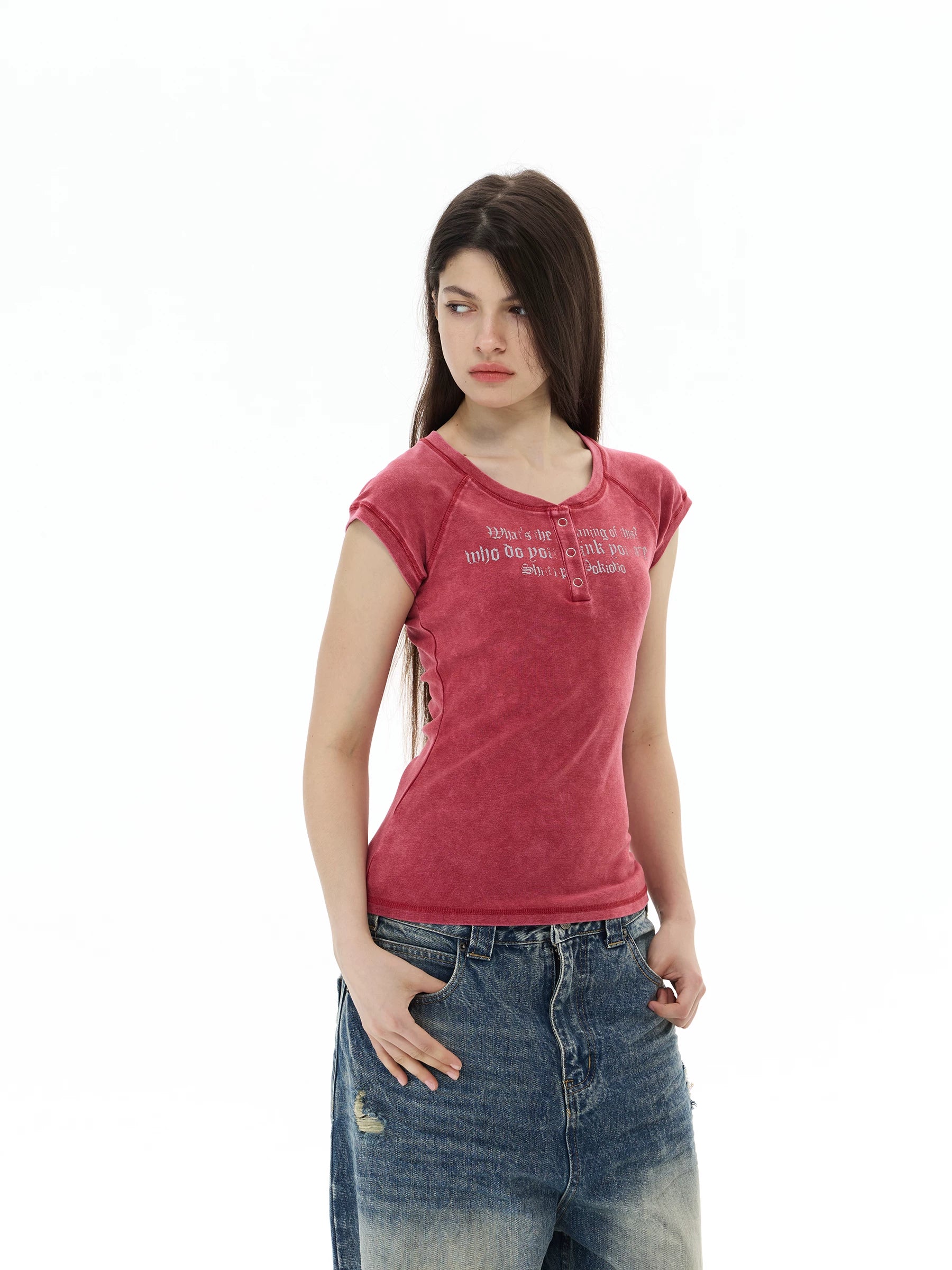 WLNEXT Premium Sense Slim Fit Henry Neck Front Shoulder Tee