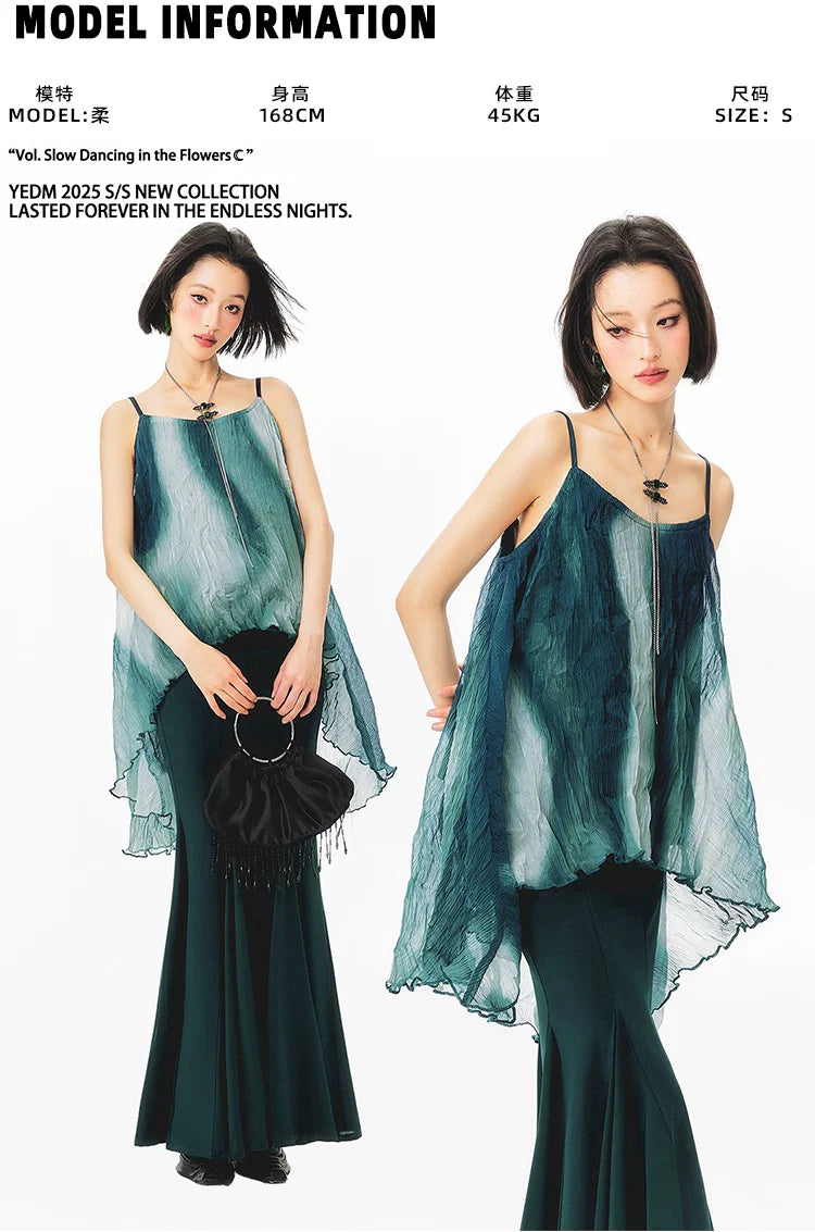 YEDM Tie-dye Gradual Change Suspender Fishtail Skirt Set