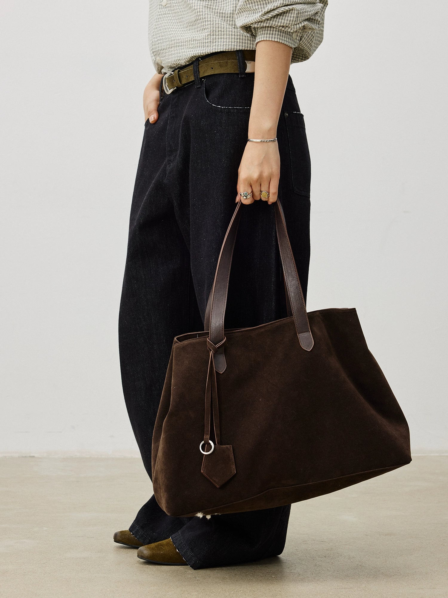 LR MADE Dark Suede Shoulder Tote Bag