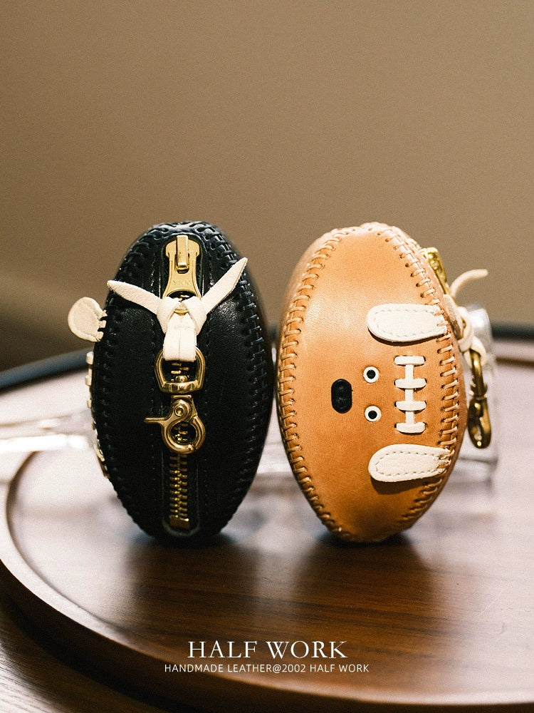 HALF WORK first layer cowhide key bag, genuine leather retro handmade football bag, earphone bag, key bag.