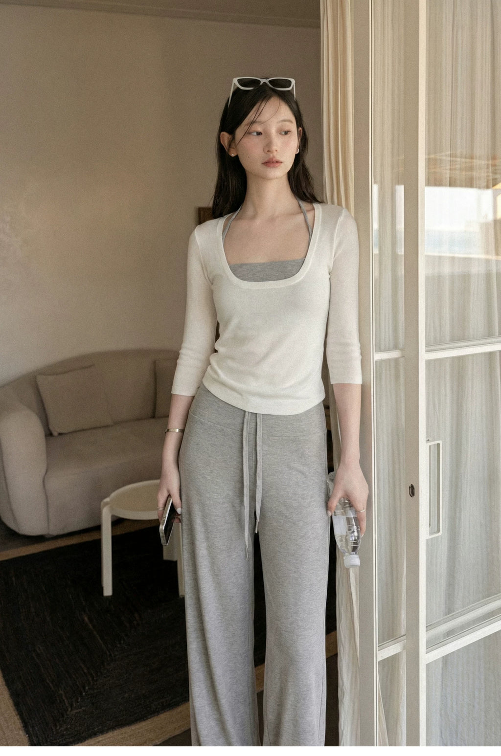 Cantonstory U-neck Suspender Five-quarter Sleeve Tee Slacks Set