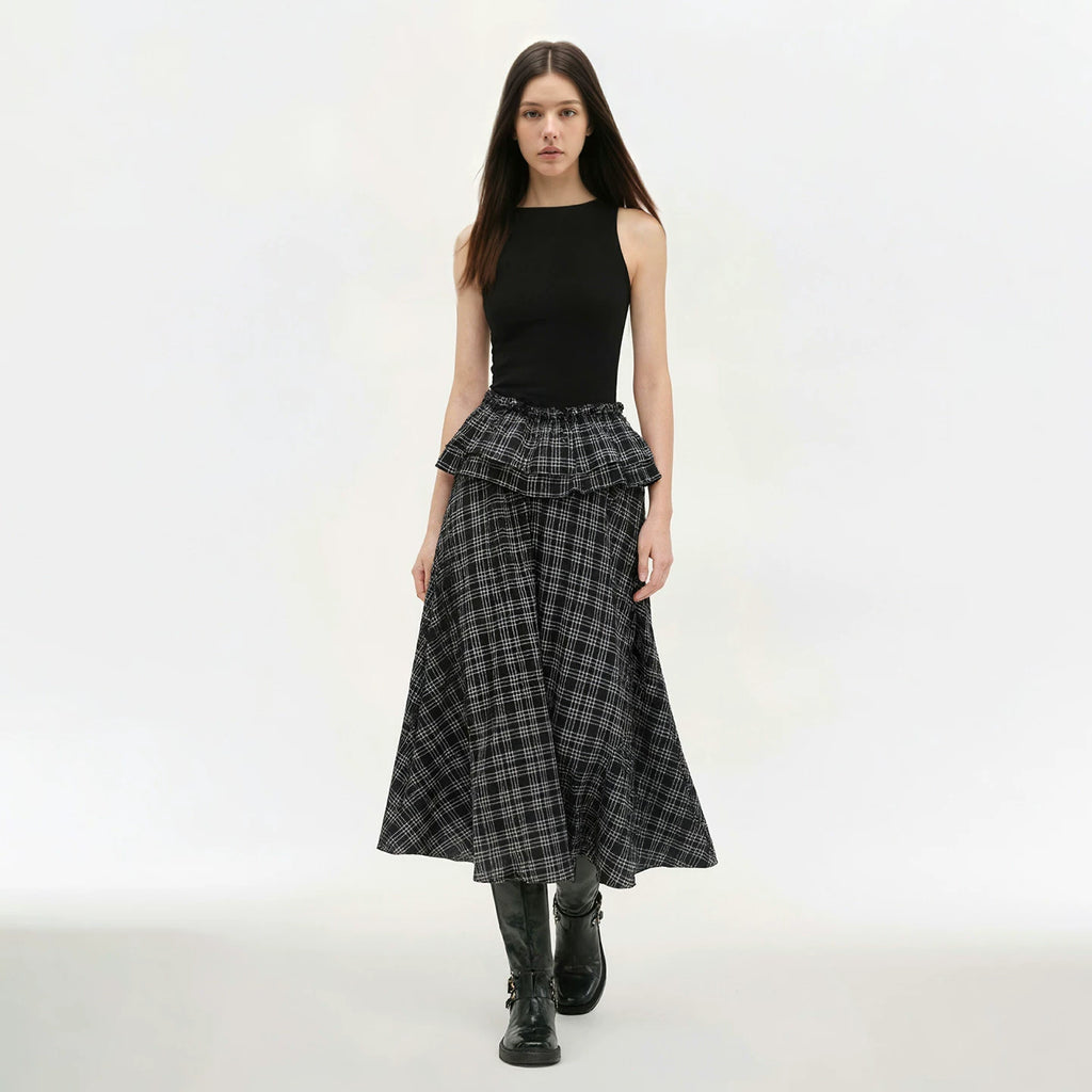 FUNOFF Plaid Stitching Simple Off-the-shoulder Slim-fitting Waist Dress
