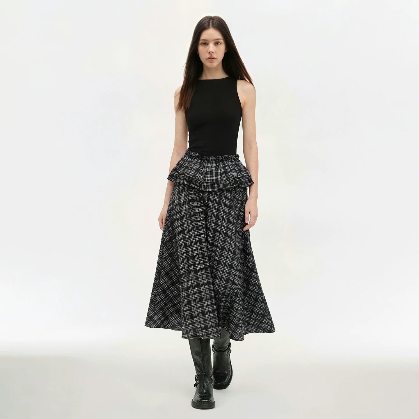 FUNOFF Plaid Stitching Simple Off-the-shoulder Slim-fitting Waist Dress