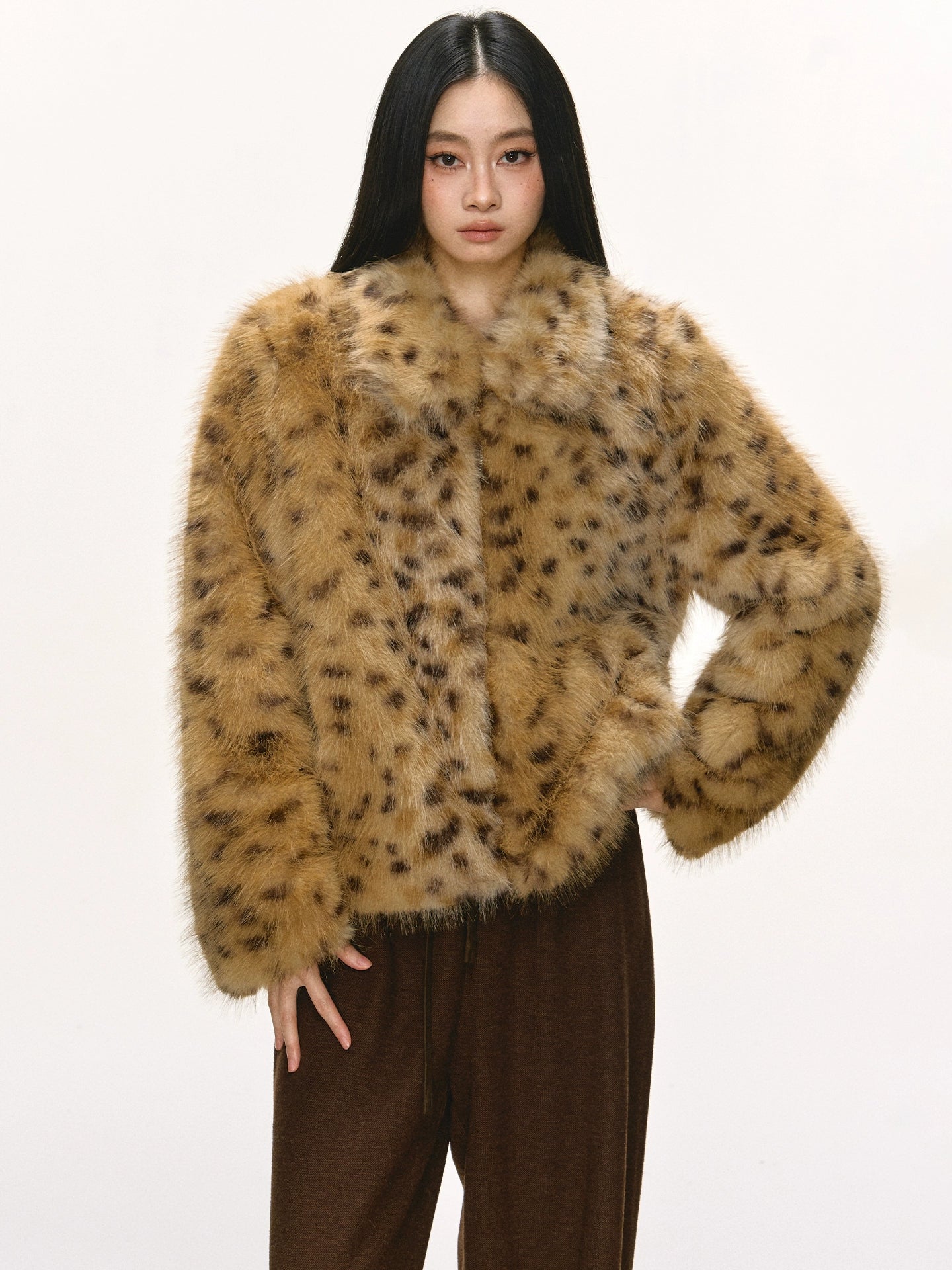 Anna Aneae Leopard Print Premium Lapel Thickened Short Fluffy Jacket