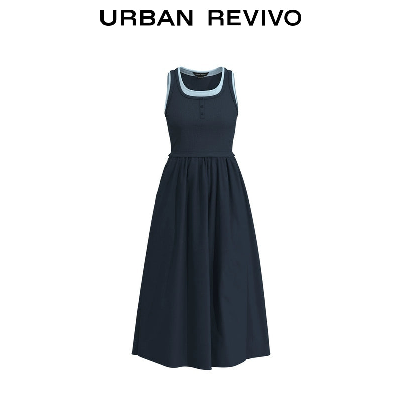 URBAN REVIVO Stitching Fake Two-piece Contrasting Sleeveless Dress