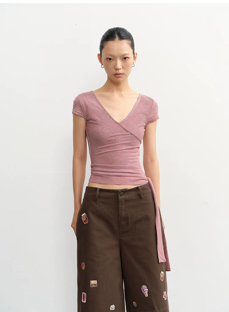 LINY LIBERTY V-neck Slim-fit Striped Knitted Tee
