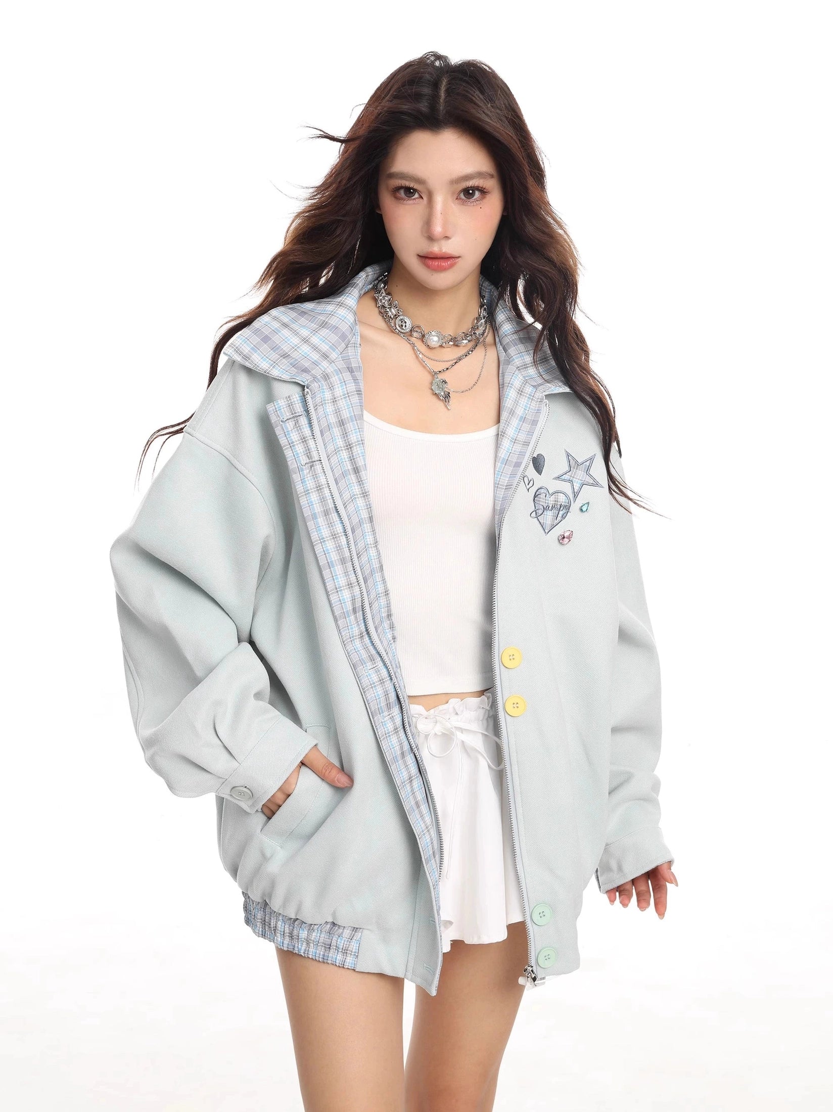 KDASE Plaid Lapel Embroidered Baseball Jersey