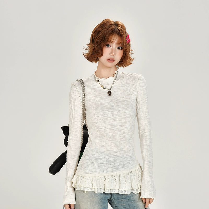 Girlyhalo Vintage Lace Paneled Crew Neck Long Sleeves