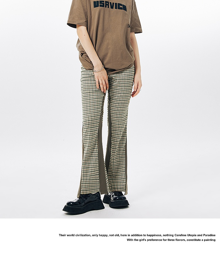 Imone Retro Slim Plaid Splicing High-waisted Flared Pants