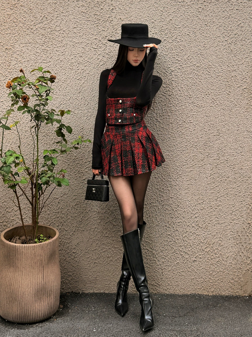FINDYAWINGS Retro Short Vest Vest Pleated Skirt Set