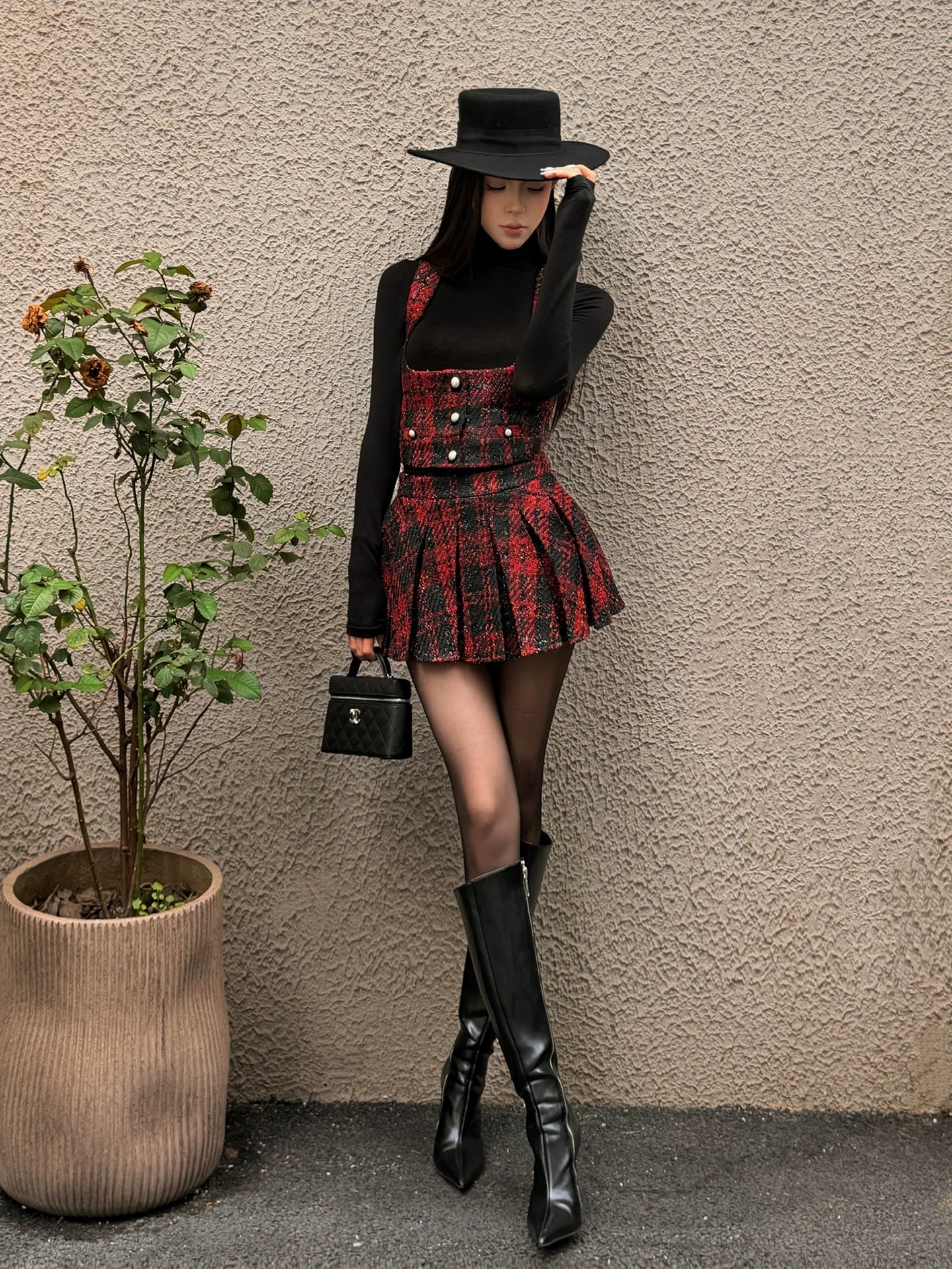 FINDYAWINGS Retro Short Vest Vest Pleated Skirt Set