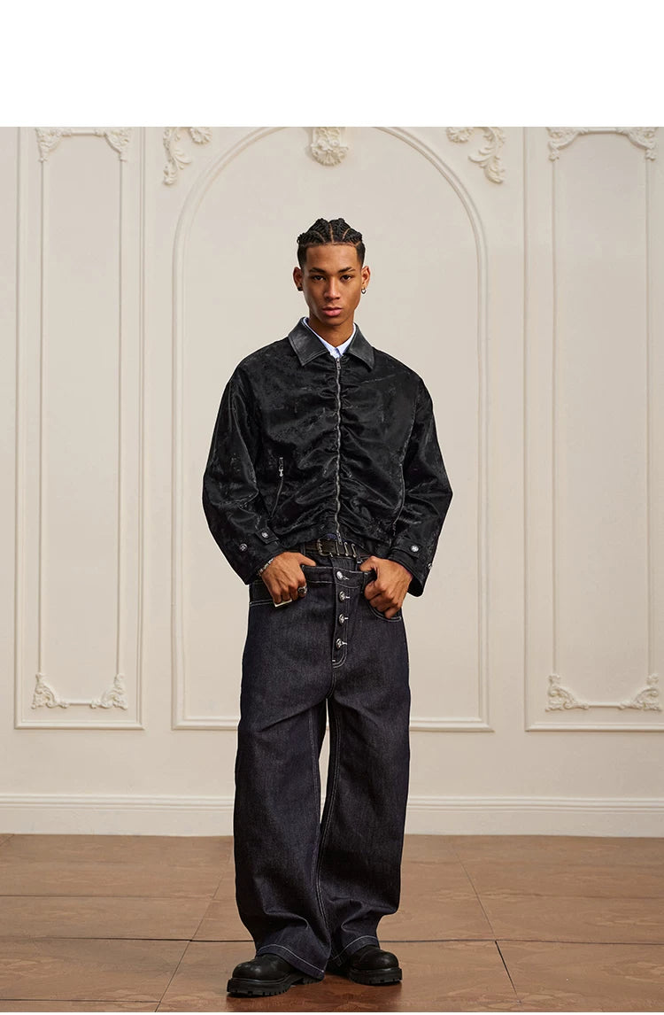 YADcrew Real Sheepskin Collar Pleated Velvet Leather Lapel Jacket
