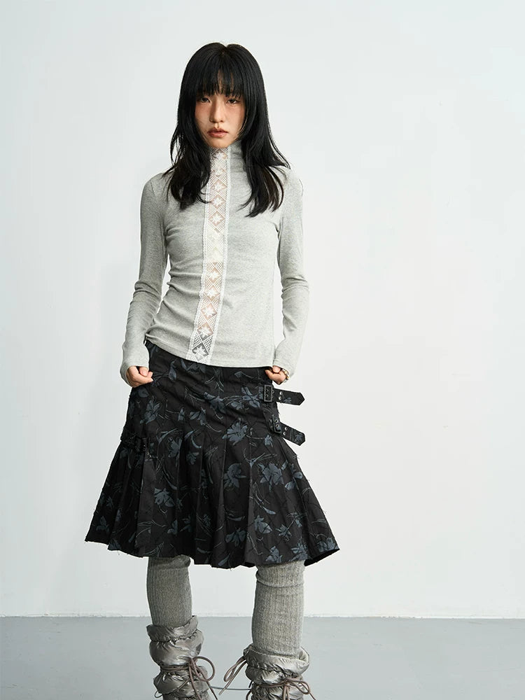 Enteralt Double Pin Buckle Medium High Waist Versatile Pleated Skirt