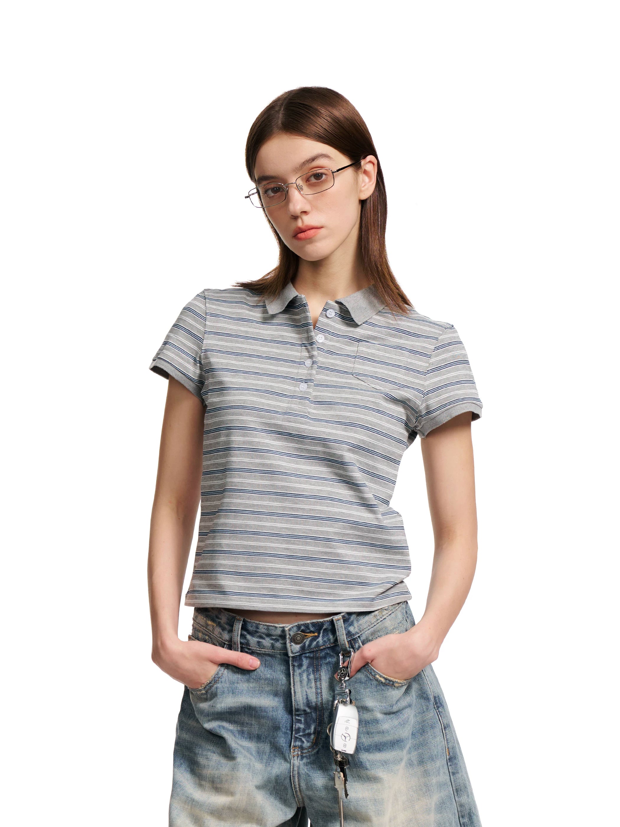 Loopsoon Vintage Striped Pocket Versatile Polo Tee