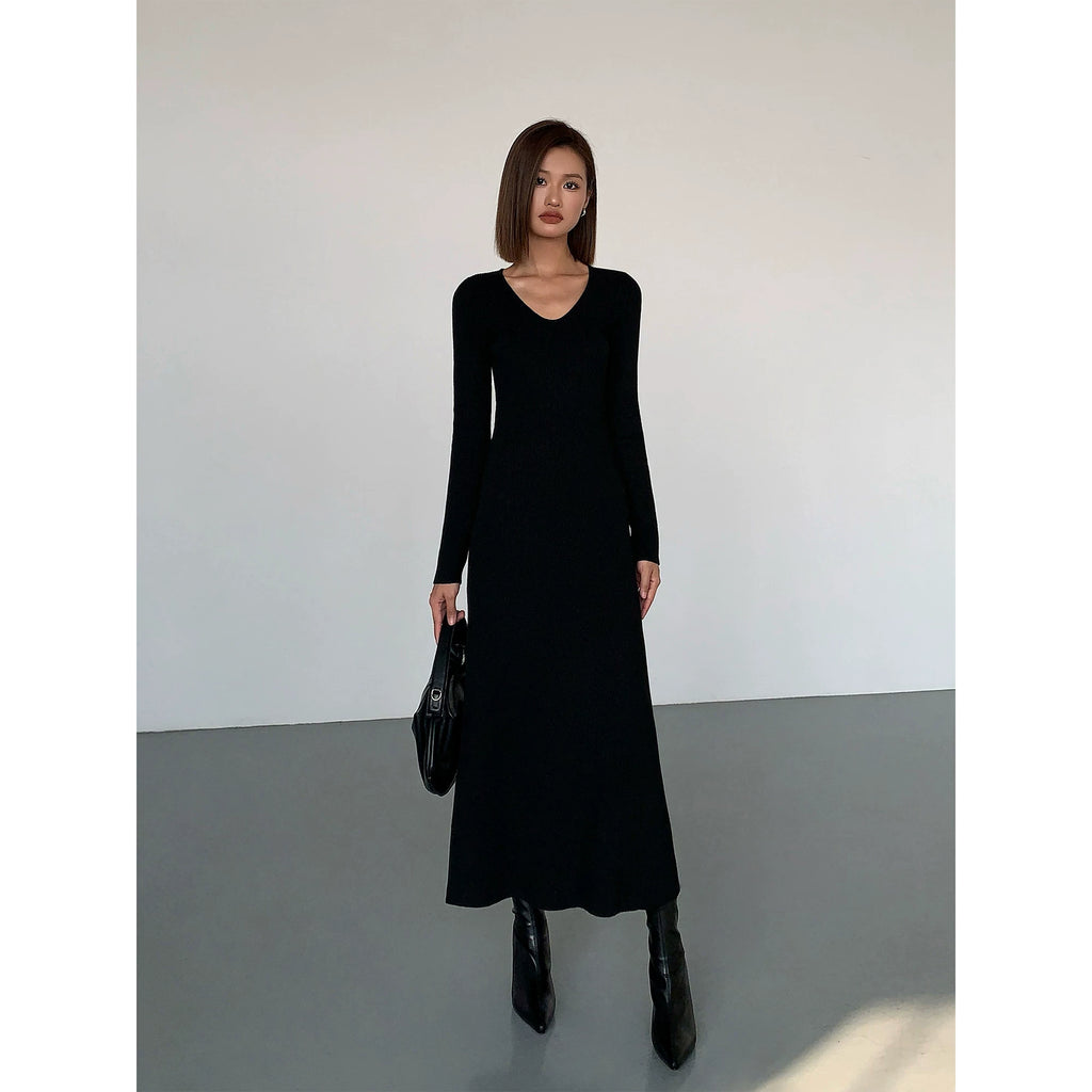 Ousph V Neck Temperament Knitted Waist Slim Dress