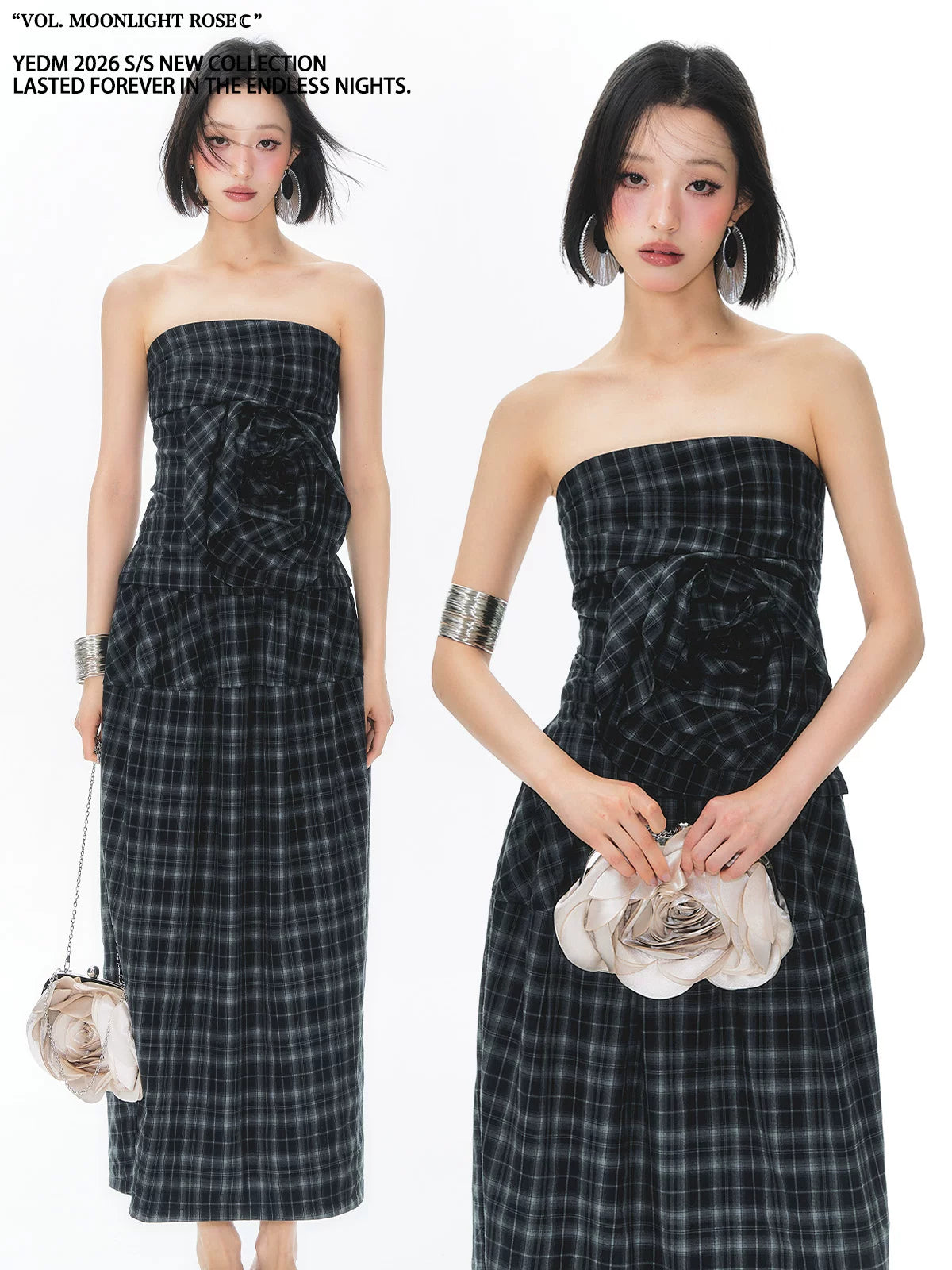 YEDM Retro Plaid Three-dimensional Rose Tube Top Set