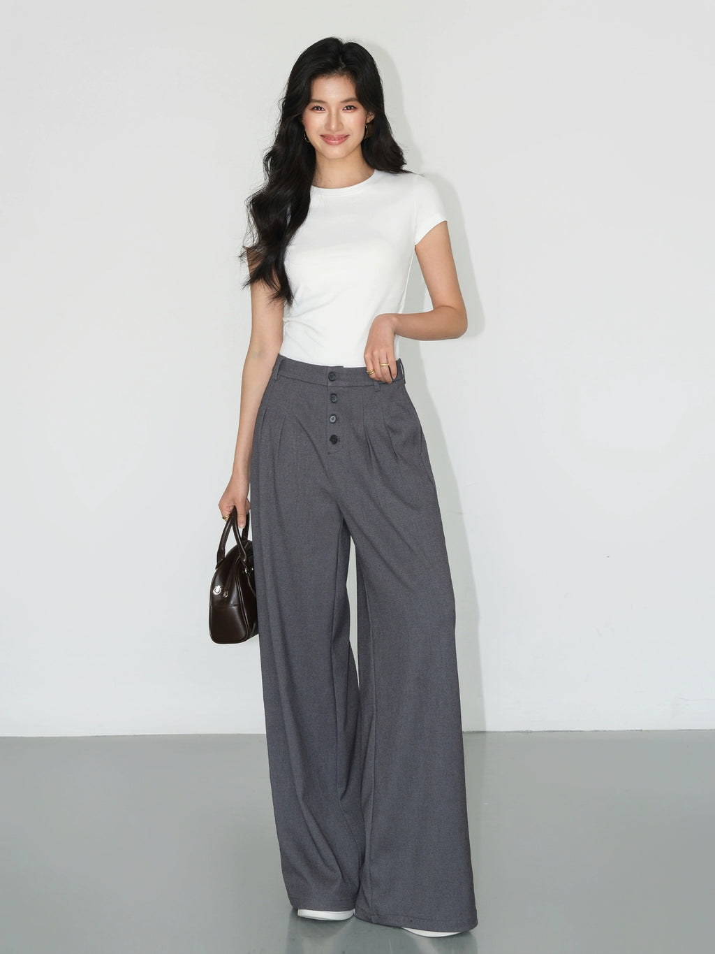 NEVA HU Casual High-waisted Drape Loose Straight Floor Pants