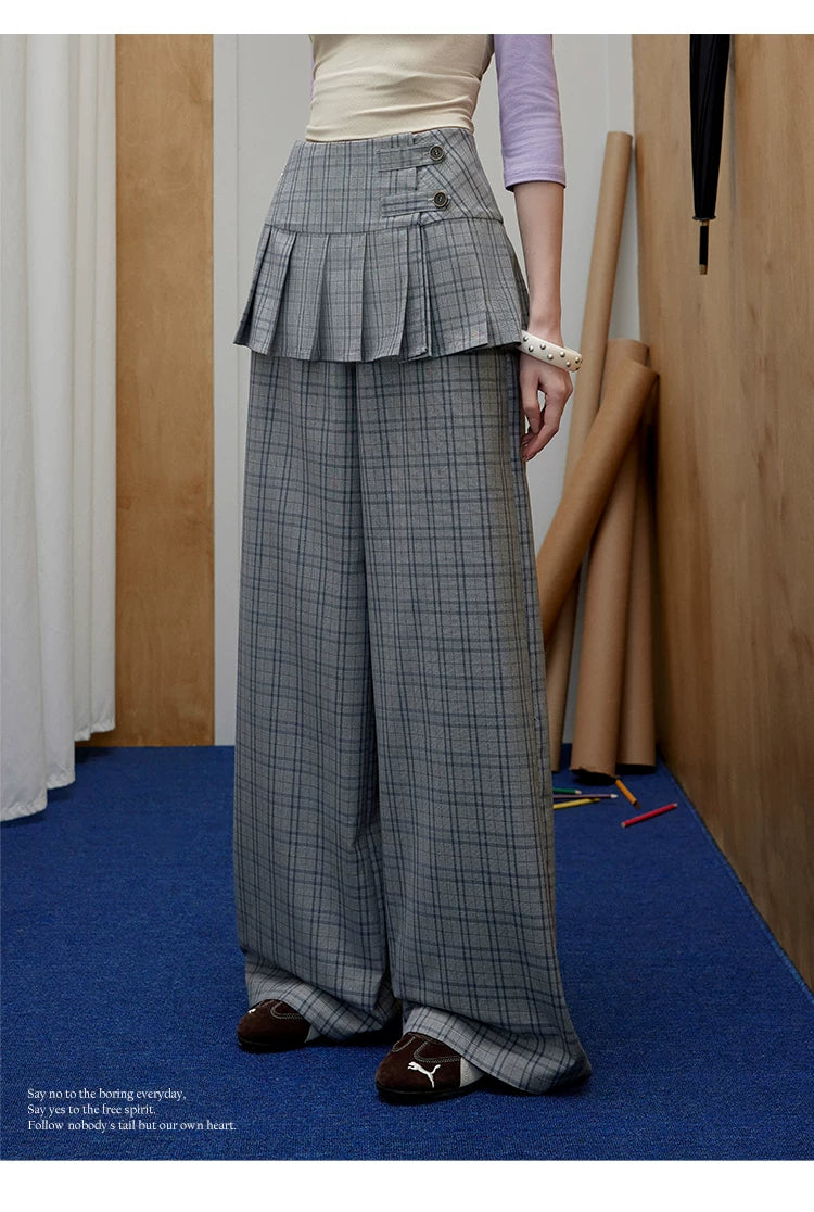 UNIFREE Plaid Straight Loose Wide Leg Skirt Fake Two-Piece Floor Pants