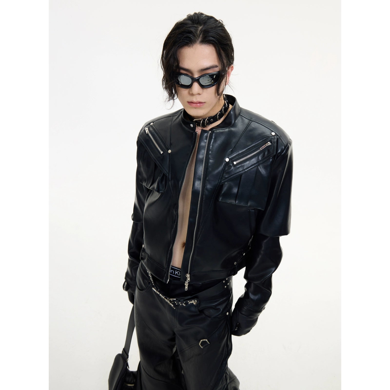 PEOPLESTYLE Metal Zipper Short Motorcycle Jacket Leather Jacket