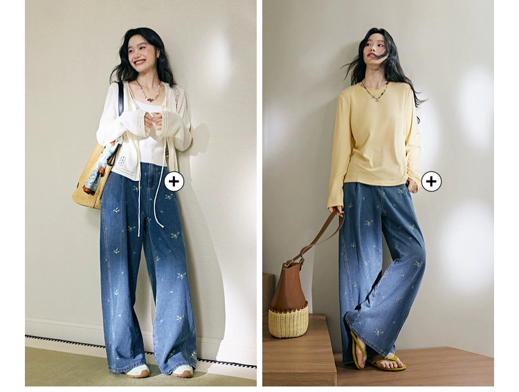 Kuose Embroidered Floral Wide-leg Jeans