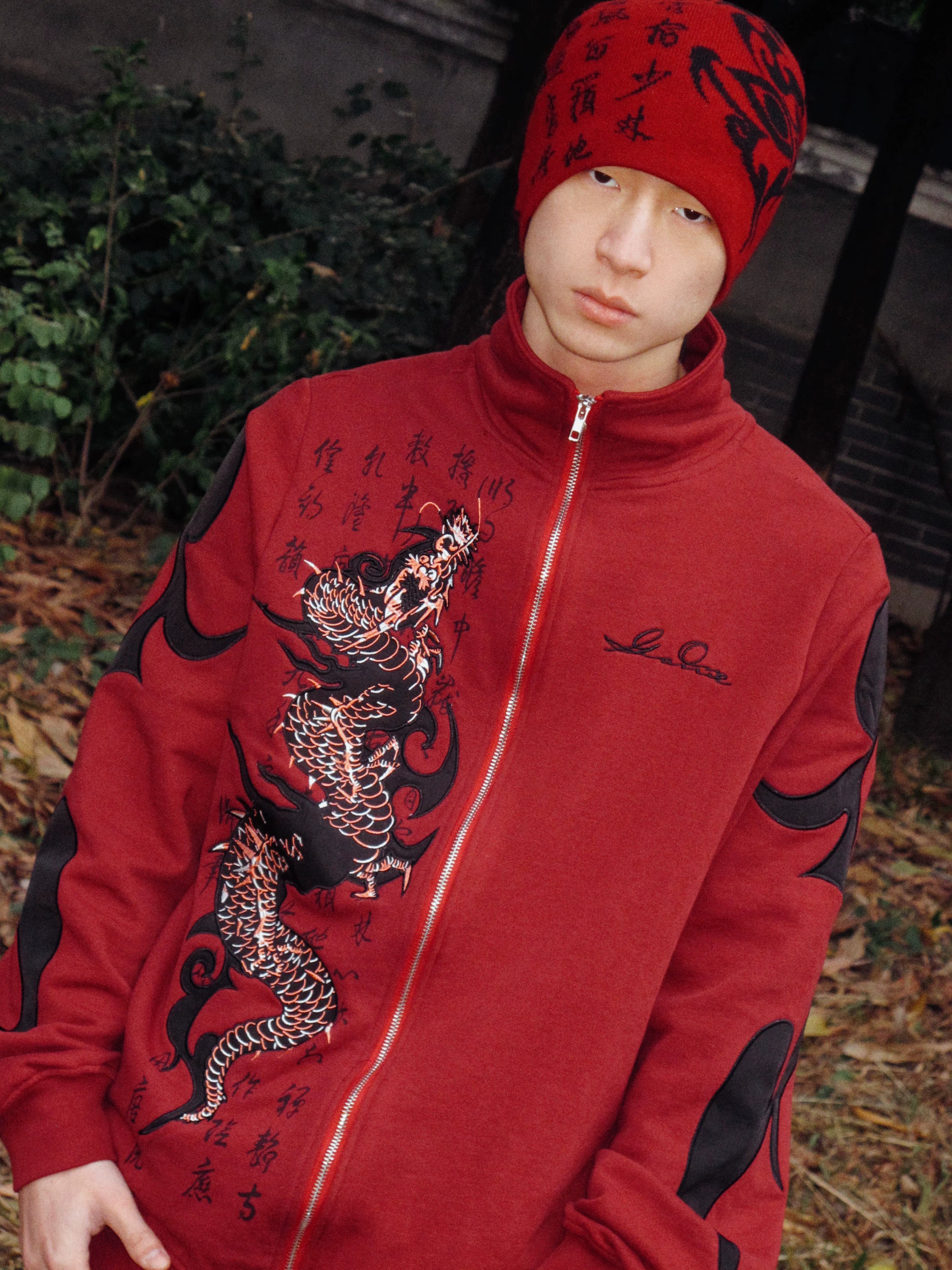 Game One 25FW "Red Dragon" Totem Embroidery Heavy Zip Sweater Jacket