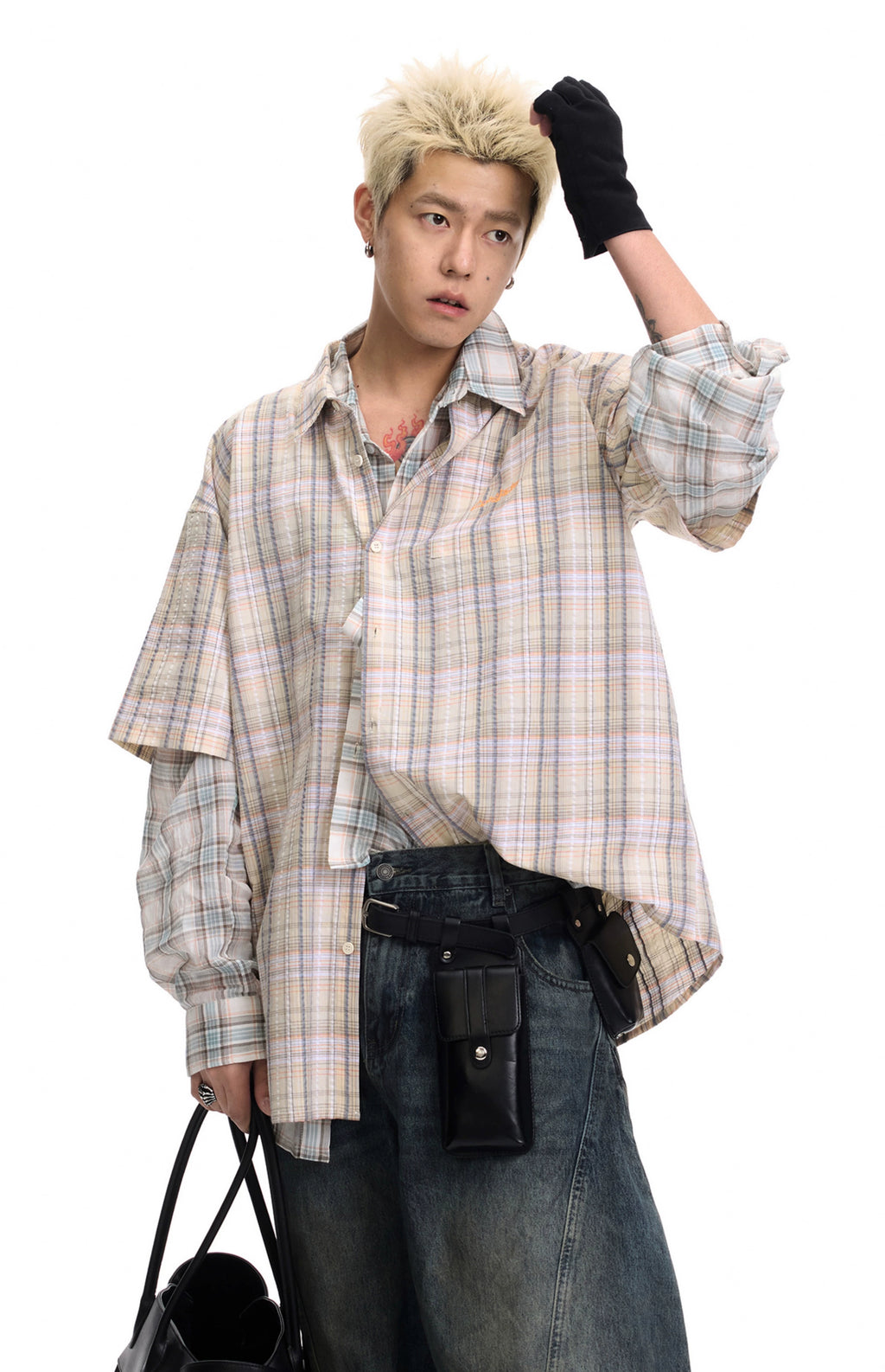 CoosRetro Embroidered Plaid Short Sleeve Shirt