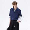 CHOR Ice Silk Denim Puzzled Plaid Double Collar Long Sleeve Shirt