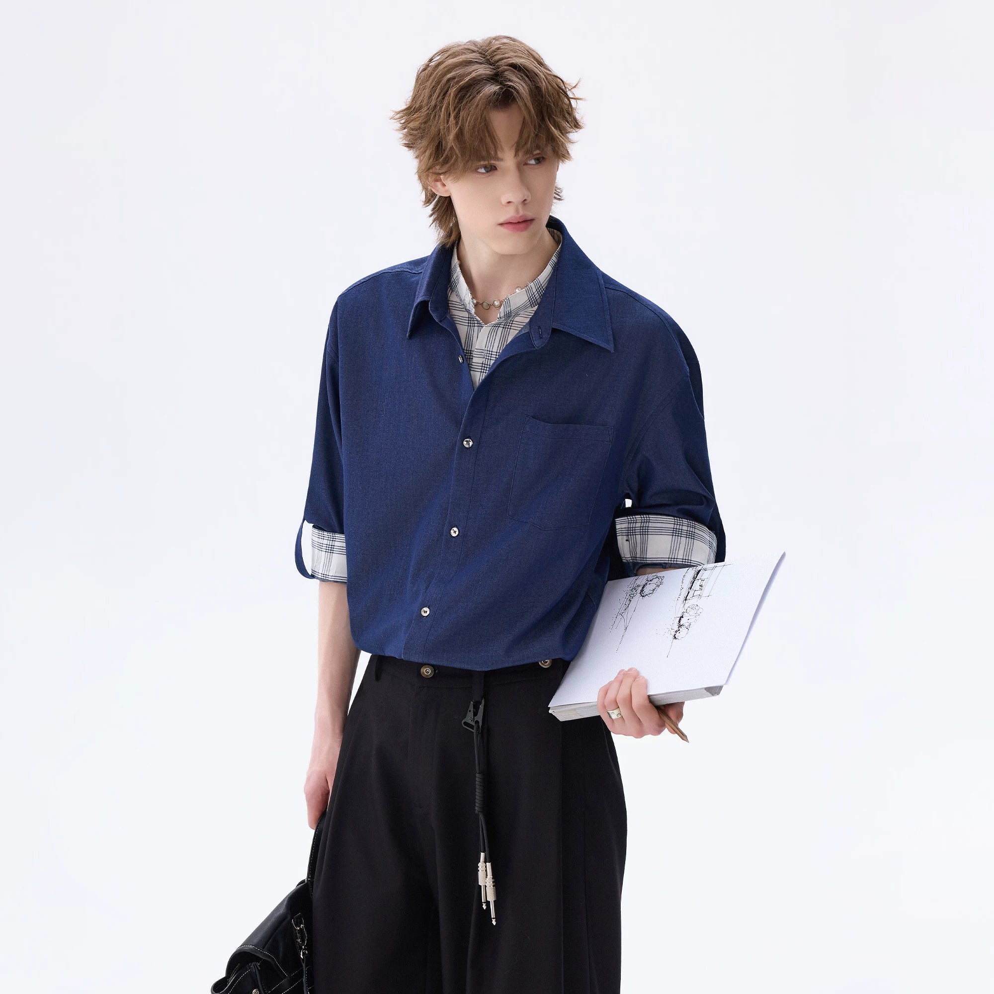 CHOR Ice Silk Denim Puzzled Plaid Double Collar Long Sleeve Shirt