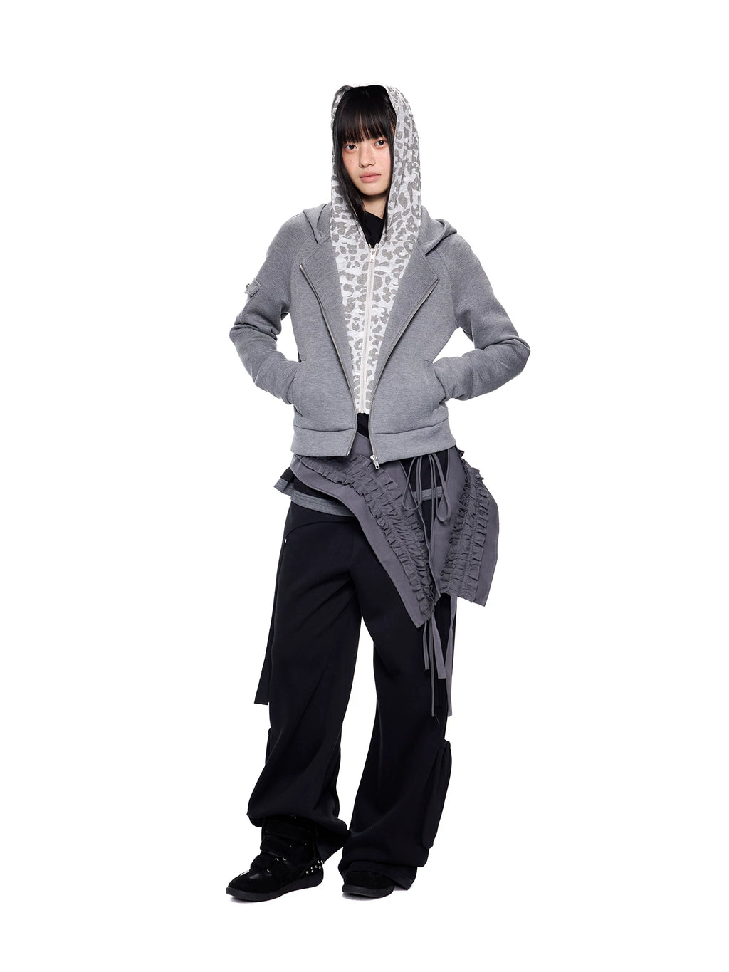 Ezek Faux Two-piece Leopard Print Hooded Cropped Jacket