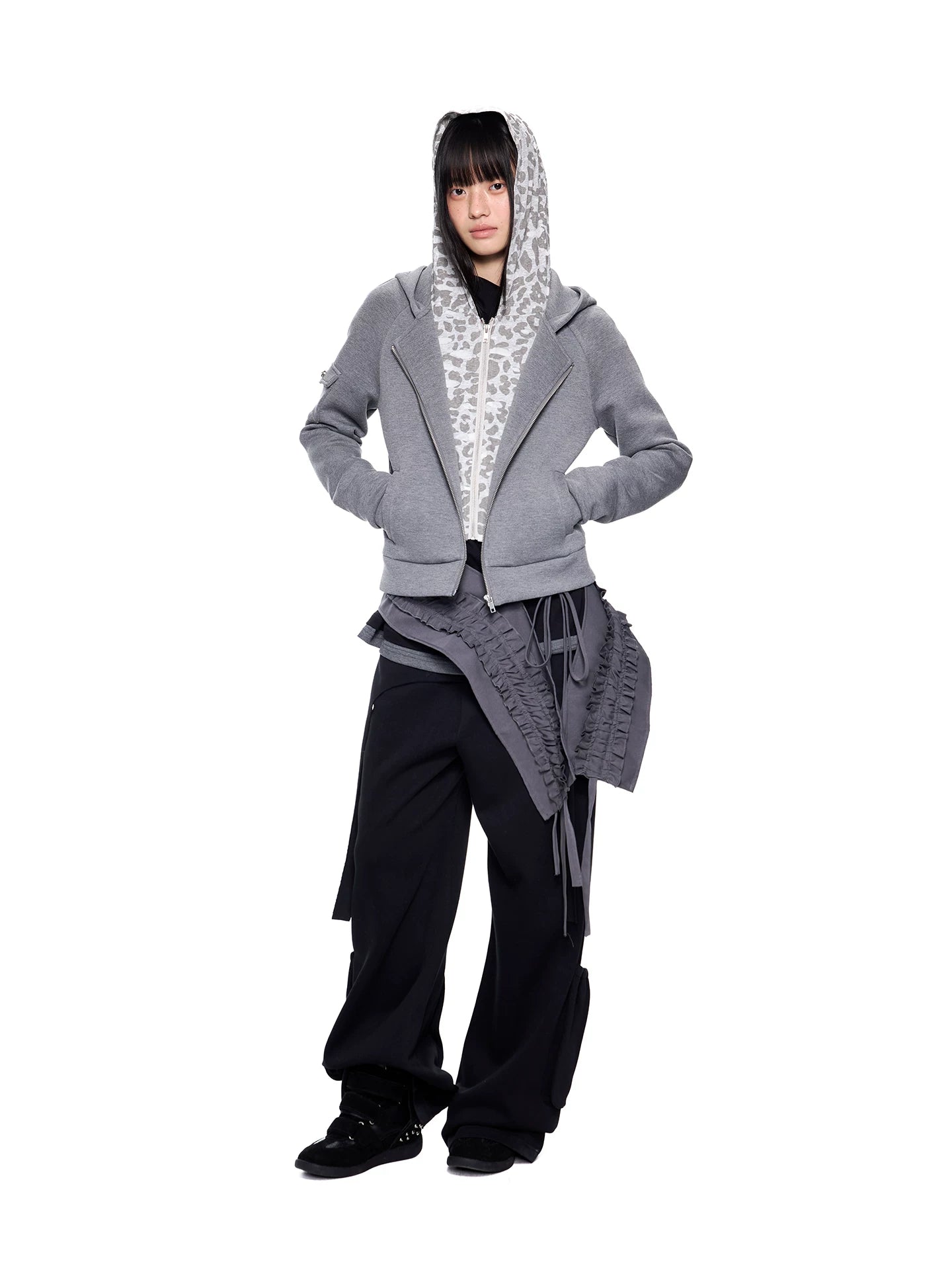 Ezek Faux Two-piece Leopard Print Hooded Cropped Jacket