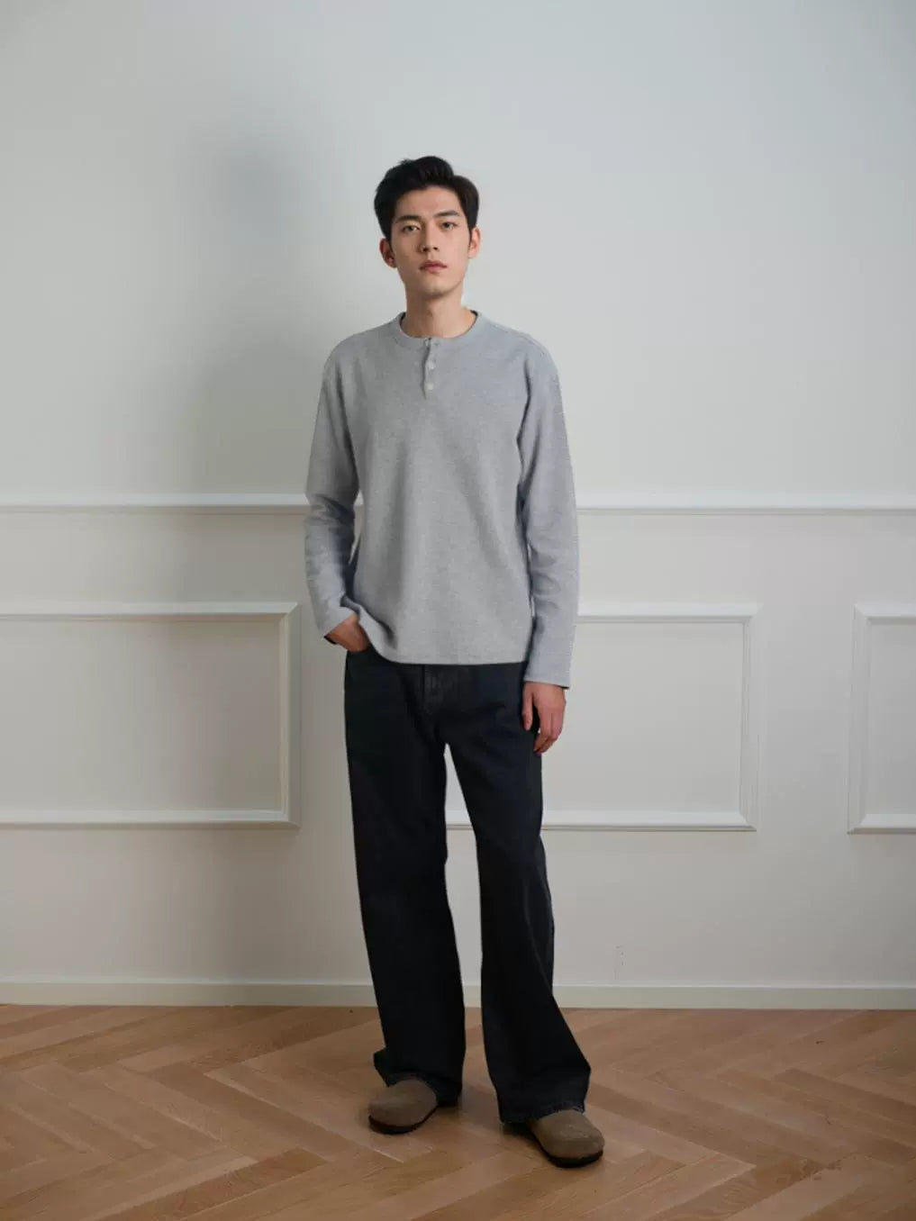 NO LOGO Waffle Henry Collar Slim Bottom Long Sleeve